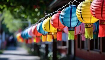 ai gerado tradicional festival decoração chinês lanternas suspensão ao ar livre, iluminado dentro vibrante cores gerado de ai foto