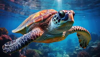 ai gerado embaixo da agua tartaruga natação dentro azul mar recife gerado de ai foto