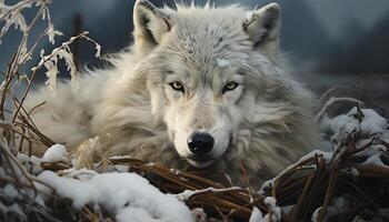 ai gerado fofa ártico Lobo sentado dentro Nevado floresta gerado de ai foto