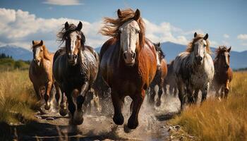 ai gerado cavalo corrida dentro Prado, liberdade dentro natureza gerado de ai foto