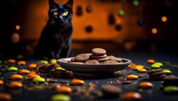 ai gerado fofa gatinho comendo caseiro chocolate bolacha em mesa gerado de ai foto