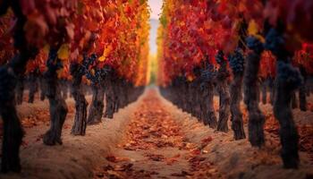 ai gerado outono Vinhedo, maduro uvas, vibrante cores, diminuindo perspectiva gerado de ai foto