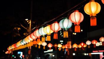 ai gerado chinês lanternas iluminar a noite, a comemorar tradicional festivais ao ar livre gerado de ai foto