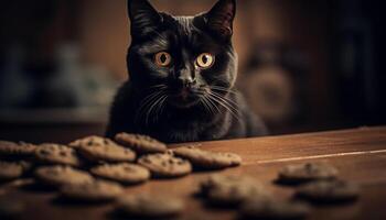 ai gerado fofa gatinho sentado em mesa, olhando às Câmera gerado de ai foto