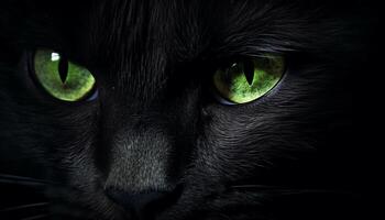 ai gerado fofa gatinho olhando fixamente, fechar acima, verde olhos, Preto fundo gerado de ai foto