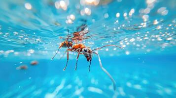 ai gerado Hilário embaixo da agua cena formiga dentro piscina tocam profundo mergulho Ação, ai gerado. foto