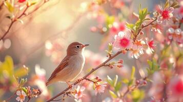 ai gerado uma rouxinol poleiros em uma florescendo árvore, Está música uma melodia do primavera beleza. ai gerado. foto