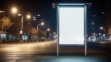 ai gerado às uma cidade ônibus parar, uma em branco branco vertical digital Painel publicitário poster carrinhos iluminado às noite, ai gerado foto