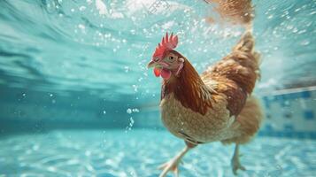 ai gerado Hilário embaixo da agua cena galinha dentro piscina tocam profundo mergulho Ação, ai gerado. foto