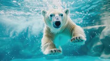 ai gerado Hilário embaixo da agua cena Urso polar dentro piscina tocam profundo mergulho Ação, ai gerado. foto
