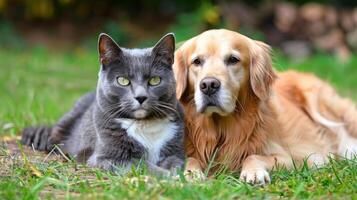 ai gerado britânico gato e dourado retriever Parceiros. ai gerado. foto