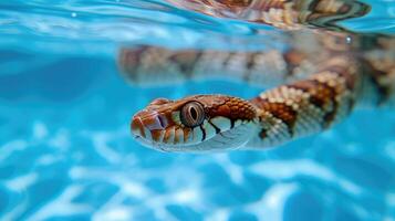 ai gerado Hilário embaixo da agua cena serpente dentro piscina tocam profundo mergulho Ação, ai gerado. foto