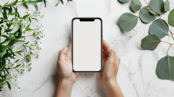 ai gerado uma topo Visão do uma mão usando uma telefone com uma branco tela, perfeito para exibindo Móvel aplicativo desenhos ou digital contente. ai gerado foto