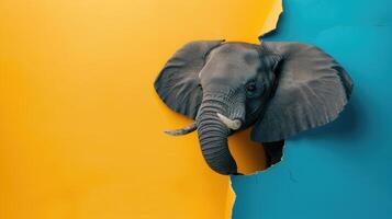 ai gerado uma humorístico elefante pares através uma rasgado orifício dentro uma contraste pastel cor papel fundo, ai gerado foto