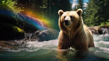 ai gerado Urso com olhos duas vezes Como grande, adornado dentro arco Iris cores em ambos lados, ai gerado. foto