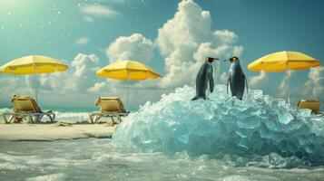 ai gerado pinguins alegremente jogar em uma ampla quadra do gelo dentro a meio do uma praia, criando uma legal e divertido cena, ai gerado. foto