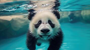 ai gerado Hilário embaixo da agua cena panda dentro piscina tocam profundo mergulho Ação, ai gerado. foto