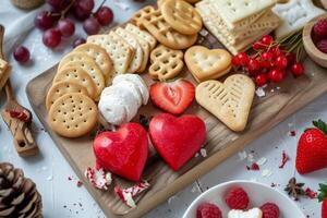 ai gerado borda com coração em forma biscoitos e de outros lanches. generativo ai foto