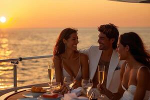 ai gerado amigos brindar com champanhe em iate às mar. alegre amigos tilintar champanhe óculos em uma iate com a oceano horizonte dentro a fundo às dourado hora. foto