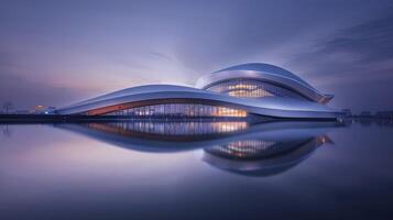 ai gerado futurista arquitetura, construção subindo para dentro a azul céu, refletindo dentro água, evocando uma visão do amanhã foto