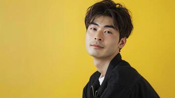 ai gerado legal e lindo japonês ator 30 anos velho, moderno Penteado em brilhante amarelo fundo foto