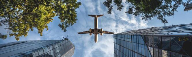 ai gerado urbano oásis. comercial construção emoldurado de exuberante árvores com uma avião subindo acima dentro a céu. foto