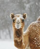 ai gerado árabe camelo em pé majestosamente dentro a neve foto