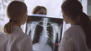 ai gerado colaborativo Cuidado. médico funcionários acionado dentro discussão sobre raio X resultados do uma paciente. foto