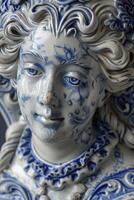 ai gerado barroco elegância. esculpido fêmea figura adornado com superfície azul e branco porcelana padrões, exalando Eterno beleza e graça. foto