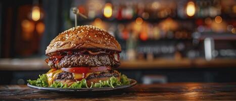 ai gerado chiando satisfação. suculento bife hamburguer servido em uma prato no topo uma de madeira mesa, tentador a gosto brotos com Está irresistível aroma e sabor. foto