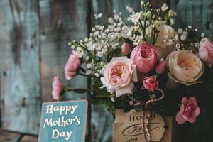 ai gerado flores com a texto feliz mães dia foto