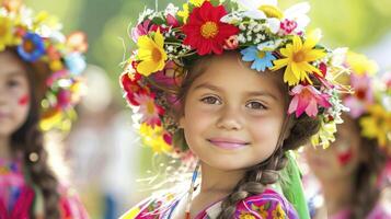 ai gerado uma menina sorrisos e vestindo colorida flores em dela cabeça durante a ao ar livre festival dentro Primavera foto