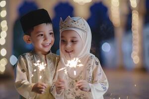 ai gerado muçulmano pequeno Garoto e menina jogando com estrelinhas. calibração a eid Mubarak foto