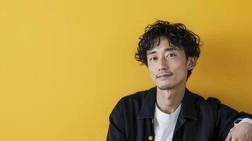 ai gerado legal e lindo japonês ator 30 anos velho, moderno Penteado em brilhante amarelo fundo foto