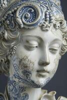 ai gerado barroco elegância. esculpido fêmea figura adornado com superfície azul e branco porcelana padrões, exalando Eterno beleza e graça. foto
