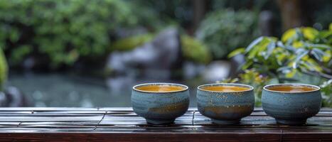 ai gerado sereno tradição. tradicional japonês chá cerimônia conjunto dentro uma tranquilo jardim contexto, imersão participantes dentro uma cultural ritual do chá apreciação e harmonia com natureza. foto