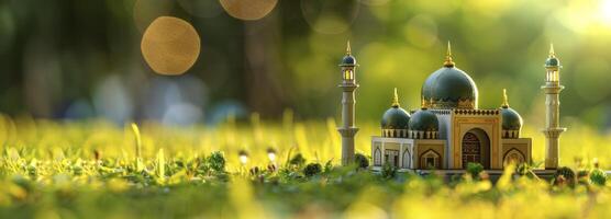 ai gerado pequeno modelo mesquita dentro a verde natural campo fundo foto