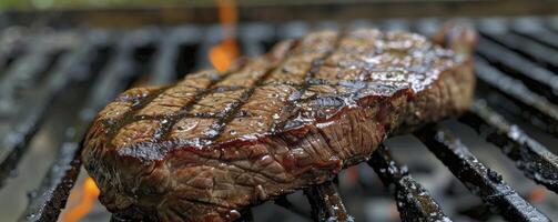 ai gerado grelhado para perfeição, carbonizado bife em a churrasco, aguardando salgado indulgência foto