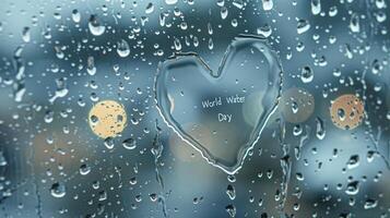 ai gerado chuvoso reflexões, vidro janela adornado com água gotas em uma nebuloso dia, apresentando uma simples coração desenhando com mundo água dia dentro foto