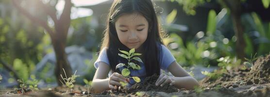 ai gerado pequeno menina plantio uma pequeno árvore foto