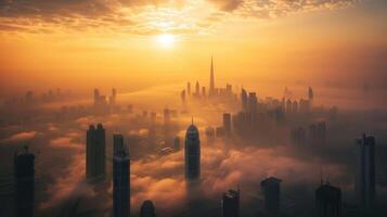 ai gerado aéreo Visão do arranha-céus e edifícios dentro a névoa às nascer do sol foto