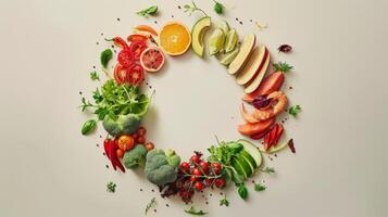 ai gerado saudável Comida conceito. fresco vegetais, frutas e peixe em branco fundo foto