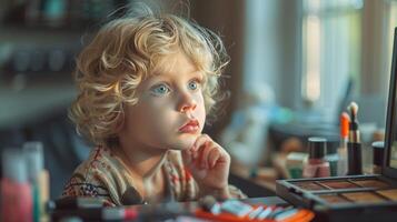 ai gerado retrato do uma fofa pequeno menina com loiro encaracolado cabelo e azul olhos aplicando Maquiagem em dela face. foto