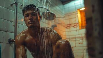 ai gerado bonito muscular homem levando uma chuveiro às a chuveiro sala. foto