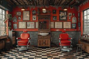 ai gerado vintage barbearia interior com clássico cadeiras e nostálgico decoração foto