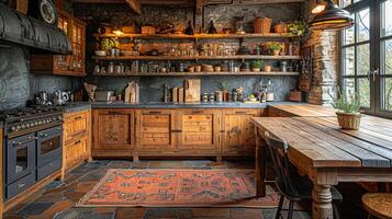 ai gerado rústico casa de fazenda cozinha com uma ampla de madeira mesa e Antiguidade luminárias foto