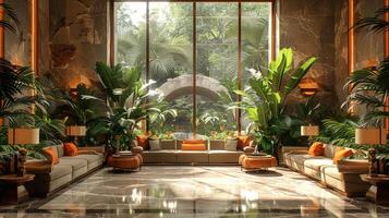 ai gerado luxuoso hotel lobby com mármore pavimentos exuberante plantas foto