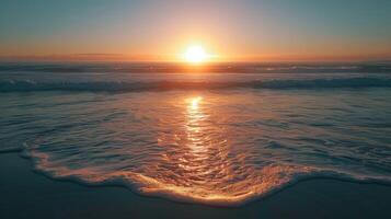ai gerado sereno oceano de praia pintado dentro dourado matizes Como Sol conjuntos em a horizonte, ai gerado. foto