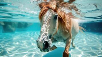 ai gerado Hilário embaixo da agua cena cavalo dentro piscina tocam profundo mergulho Ação, ai gerado. foto
