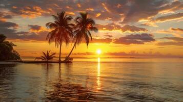 ai gerado lindo pôr do sol sobre a mar com Palma árvores dentro a primeiro plano. foto